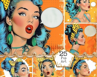 May include: A collage of six images featuring a woman with blue hair and a yellow polka dot headband. The woman is depicted in a comic book style with exaggerated features. The images are set against a bright orange background with white polka dots.