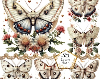 PNG + JPEG  Watercolor Ivory Moth Clipart Bundle Spring Clipart Mystical Moths Art  Instant Download Paper Crafts Junk Journal Scrapbooking