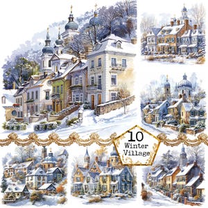 JPEG Watercolor Winter Village Colorful Village Mountain Village Clipart Bundle Instant Download Paper Crafts Junk Journal Scrapbooking
