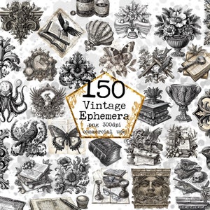 May include: A collection of 150 vintage ephemera images in black and white. The images include various objects such as books, flowers, butterflies, birds, and other decorative elements. The images are high-resolution and perfect for digital scrapbooking, card making, and other creative projects.