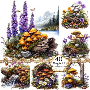 Aquarelle de champignons JPEG sur une bûche Clipart Bundle magique de champignons de forêt des cliparts Téléchargement instantané Papier Artisanat indésirable Journal Scrapbooking