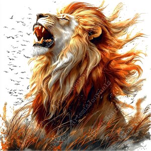 May include: A roaring lion with a flowing mane of orange and gold fur. The lion is set against a white background with a flock of birds flying in the distance.