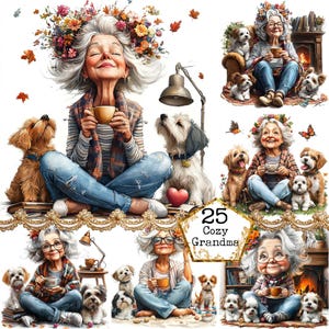 JPEG Watercolor Grandma's Tee Clipart Bundle Meditating Woman Grandma Clipart Instant Download Paper Crafts Junk Journal Scrapbooking