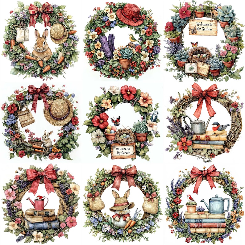 JPEG Watercolor Garden Tools Wreath Clipart Bundle Garden Wreath