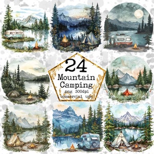 Aquarel Camping Clipart Bundel Berg Clipart Forest Camping PNG Commercieel gebruik Instant Download Papier Ambachten Junk Journal Scrapbooking