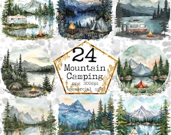 Watercolor Camping Clipart Bundle Mountain Clipart Forest Camping PNG Commercial Use Instant Download Paper Crafts Junk Journal Scrapbooking