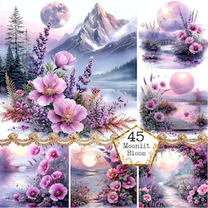 JPEG Paysage printanier Floral forêt nuit Clipart Bundle Violet nuit Clipart lune Téléchargement instantané Papier Artisanat indésirable Journal Scrapbooking