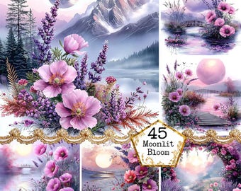 JPEG Spring Landscape Floral Forest Night Clipart Bundle Purple Night Clipart Moon Instant Download Paper Crafts Junk Journal Scrapbooking