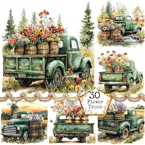 JPEG Watercolor Green Floral Vintage Truck Clipart Bundle Spring Flowers Farmers Art Instant Download Paper Crafts Junk Journal Scrapbooking