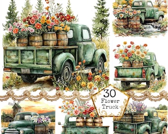 Paquete de imágenes prediseñadas de camión vintage con flores verdes en acuarela JPEG, flores de primavera, arte de agricultores, descarga instantánea, manualidades de papel, diario basura, álbumes de recortes