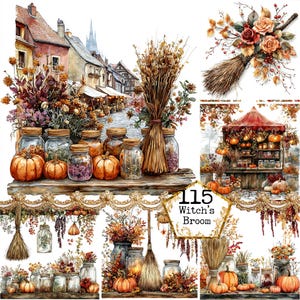 JPEG Bundle de cliparts du marché de la sorcière aquarelle Bundle de cliparts de manche à balai de la sorcière Téléchargement instantané Papier artisanat indésirable Journal Scrapbooking