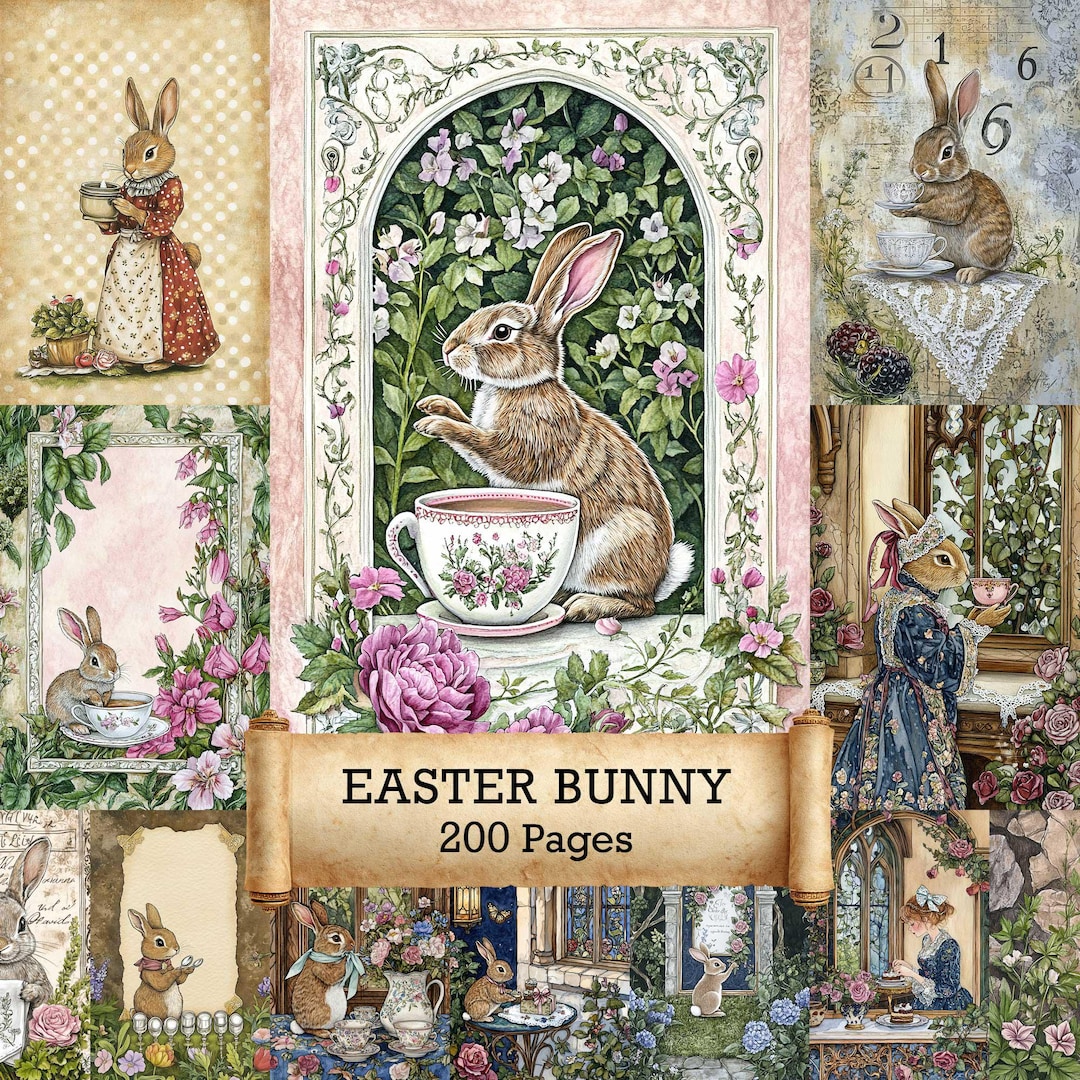 200 Bunnies - Digital Papers, Printable Easter Rabbit, Junk Journal Kit ...