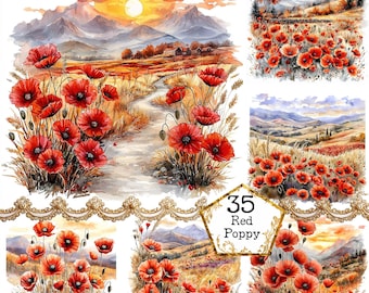 JPEG Aquarell Mohnblumen Clipart Bundle Sonnenuntergang Felder mit Mohnblumen Frühling Clipart Sofortiger Download Papier Handwerk Junk Journal Scrapbooking