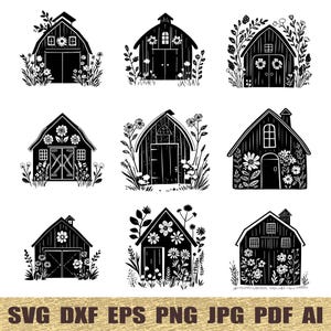 May include: Set of nine black and white silhouette illustrations of barns with flowers. Each barn has a different design and is surrounded by flowers. The illustrations are perfect for crafting projects, scrapbooking, and digital design.