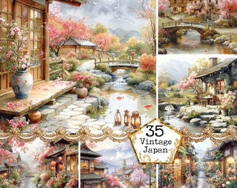 Puede incluir: Un collage de pinturas de acuarela que representan escenas de arquitectura japonesa tradicional, jardines y paisajes. Las imágenes presentan cerezos en flor, puentes, arroyos y linternas. El texto "35 Vintage Japan" se superpone al collage.