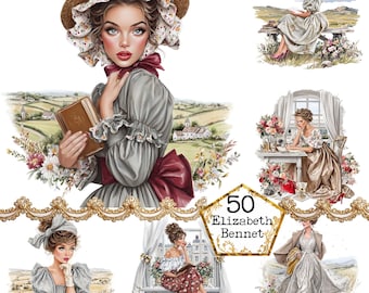 Elizabeth Bennet - Watercolor Clipart Bundle Printable Jane Austen Art Regency PNG, Scrapbook, Junk Journal