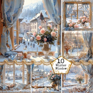 Bundle d'illustrations de fenêtre d'hiver JPEG Image de Noël JPEG Art hivernal Téléchargement instantané à usage commercial Scrapbooking, journal indésirable, travaux manuels en papier