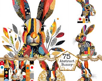 Paquete de imágenes prediseñadas de conejito abstracto JPG, imágenes prediseñadas de conejo de patchwork, arte abstracto de conejo de Pascua, descarga instantánea, manualidades de papel, diario basura, álbumes de recortes