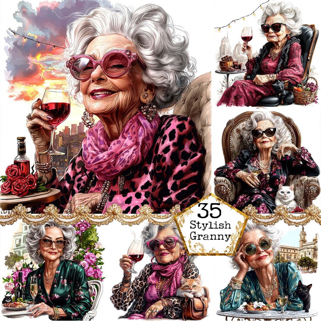 JPEG Watercolor Elderly Lady Having Red Wine Clipart Bundle Celebrating ...