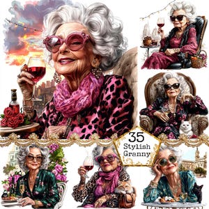 JPEG Aquarelle femme âgée ayant du vin rouge Clipart Bundle célébrant la femme âgée Téléchargement instantané Papier Artisanat indésirable Journal Scrapbooking