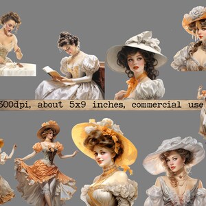 K&ouml;nnte beinhalten: Eine digitale Collage aus neun Vintage-inspirierten Illustrationen von Frauen in verschiedenen H&uuml;ten und Kleidern. Die Frauen sind in verschiedenen Posen dargestellt, einige sitzen, einige stehen und einige schauen den Betrachter an. Die Illustrationen sind in einem weichen, romantischen Stil gehalten und weisen zarte Details wie Spitze, Blumen und B&auml;nder auf.