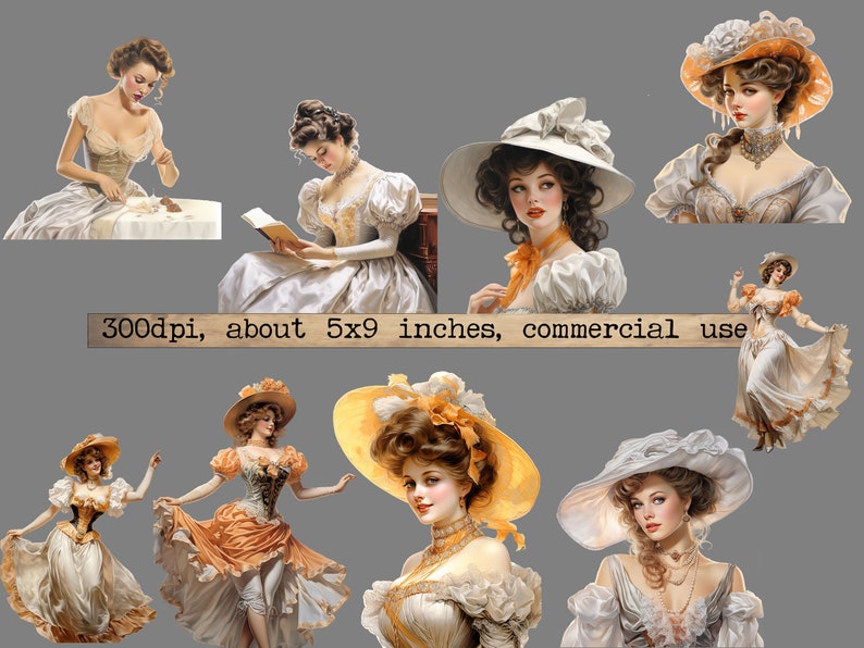 K&ouml;nnte beinhalten: Eine digitale Collage aus neun Vintage-inspirierten Illustrationen von Frauen in verschiedenen H&uuml;ten und Kleidern. Die Frauen sind in verschiedenen Posen dargestellt, einige sitzen, einige stehen und einige schauen den Betrachter an. Die Illustrationen sind in einem weichen, romantischen Stil gehalten und weisen zarte Details wie Spitze, Blumen und B&auml;nder auf.