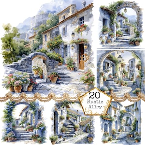 Bundle de cliparts de rues méditerranéennes avec escalier JPEG île grecque de vacances Clipart Téléchargement instantané Papier Artisanat indésirable Journal Scrapbooking
