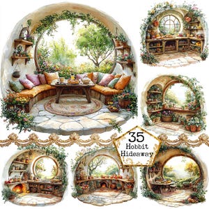 Bundle de cliparts JPEG pour intérieurs de maison de hobbit aquarelle Clipart fenêtre coin cosy Téléchargement instantané Artisanat en papier Junk Journal Scrapbooking