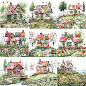 May include: A collage of nine watercolor illustrations featuring whimsical, colorful, patchwork houses with gardens and flowers. Each house has a unique design and is surrounded by lush greenery.