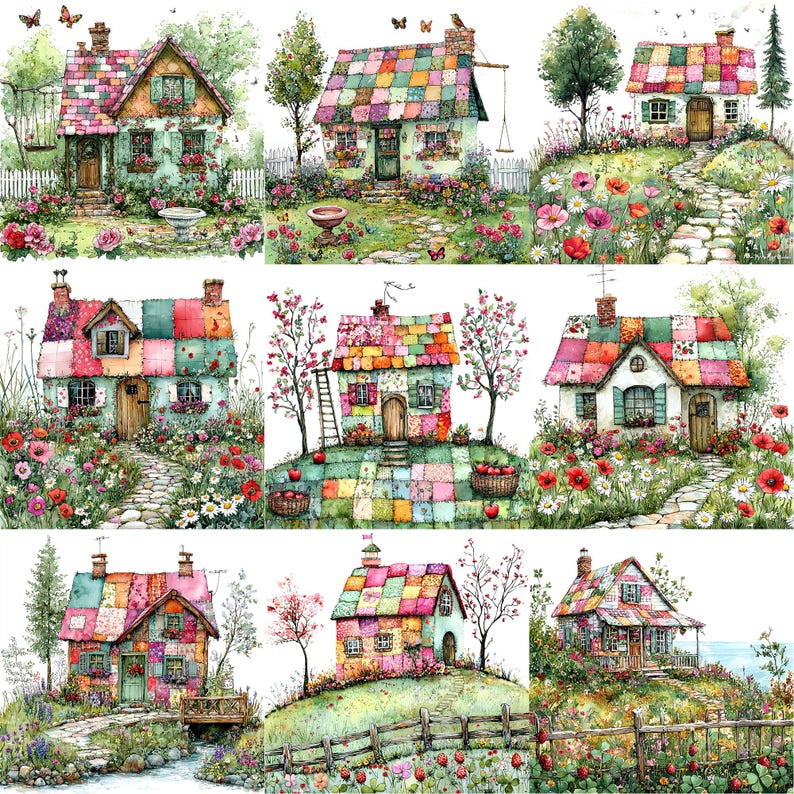 May include: A collage of nine watercolor illustrations featuring whimsical, colorful, patchwork houses with gardens and flowers. Each house has a unique design and is surrounded by lush greenery.