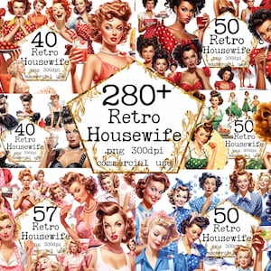 PNG GRANDE Retro Dona de Casa Clipart Pacote PNG Vestido de Bolinhas Retro Mulheres Sarcásticas Mulheres Cozinhando Clipart Junk Journal Scrapbooking Card Making
