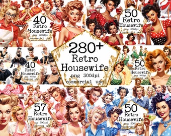 PNG BIG Retro Housewife Clipart Bundle PNG Polka Dot Dress Retro Women Sarcastic Women Cooking Clipart Junk Journal Scrapbooking Card Making