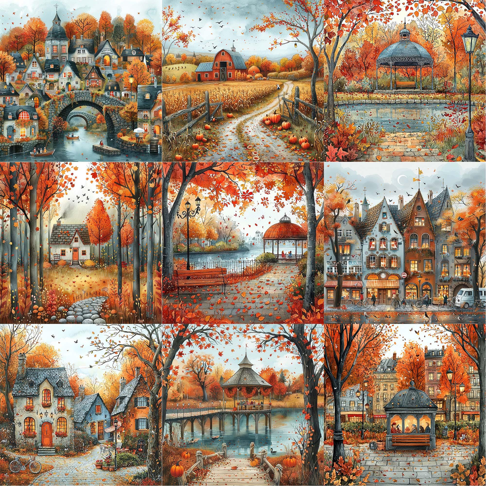 Whimsy Fall Background JPEG Quirky Whimsical Autumn City Scenery Graphics Bundle Commercial ...