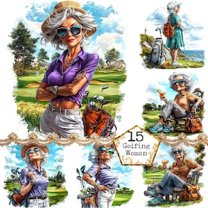 JPEG Golf Clipart Bundle Golf Grafica Senior Lady Golfing illustrazione Uso commerciale Download immediato Carta artigianale Junk Journal Scrapbooking