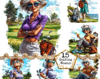 JPEG Golf Clipart Bundle Golf Graphic Senior Lady Golfing illustration Commercial Use Instant Download Paper Craft Junk Journal Scrapbooking