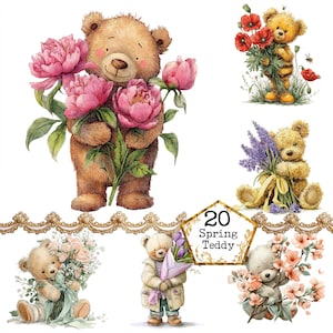 May include: Watercolor illustrations of teddy bears holding bouquets of flowers. The bears are brown, tan, and white, with pink, red, purple, and white flowers. The text "20 Spring Teddy" is in a gold frame.