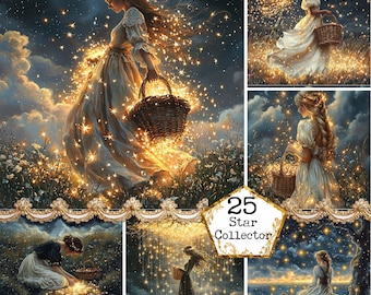 JPEG Watercolor Whimsical Girl Collecting Shiny Stars Illustrations Fairytale Art Instant Download Paper Crafts Junk Journal Scrapbooking