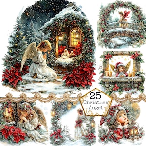 Gráficos de ángeles navideños lindos en formato JPEG, imágenes prediseñadas de Navidad, ilustraciones de decoración navideña, descarga instantánea, manualidades de papel, diario basura, álbum de recortes