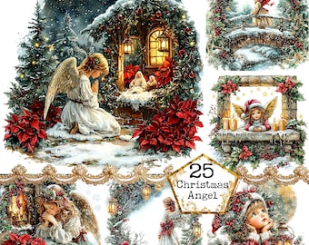 JPEG Cute Christmas Angel Graphics Christmas Clipart Christmas Decoration Illustrations Instant Download Paper Craft Junk Journal Scrapbook