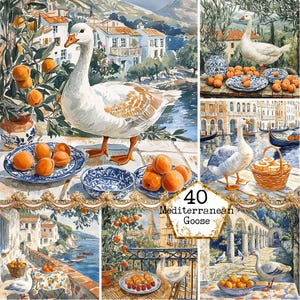 JPEG Acquerello Bellissimo scenario con un'oca Grafica Vista sul Mediterraneo Mare Download immediato Artigianato di carta Diario spazzatura Scrapbooking