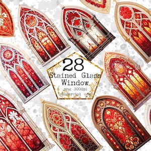 PNG Red Stained Glass Windows Clipart Fantasy Clipart Stained Glass Graphics PNG Instant Download Paper Crafts Junk Journal Scrapbooking