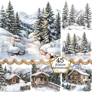 Pacchetto di illustrazioni di paesaggi sciistici con acquerello JPEG Grafica alpina Arte degli sport invernali Download immediato Artigianato di carta Diario spazzatura Scrapbooking