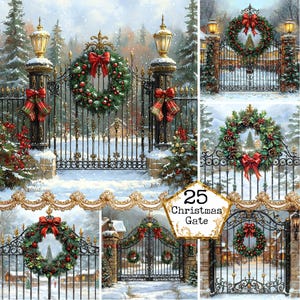 Puede incluir: Un collage de imágenes con puertas negras ornamentadas adornadas con coronas navideñas y lazos rojos. Las puertas están situadas en un paisaje invernal nevado con árboles de hoja perenne y farolas. El texto "25 Christmas Gate" es visible.