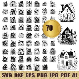 Può includere: Illustrazioni digitali in bianco e nero di case con accenti floreali. L'immagine include un medaglione dorato con il numero 70 e il testo "SVG DXF EPS PNG JPG PDF AI" in basso, che indica i formati di file.