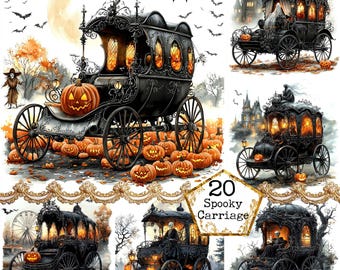 May include: Digital art showcasing black carriages with detailed designs, lit windows, and carved pumpkins. The carriages are set against a backdrop of pumpkins, bats, and a full moon, evoking a Halloween atmosphere. The image also includes the text "20 Spooky Carriage".