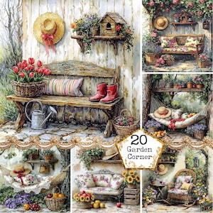 Clipart de rincón de jardinería acogedor con acuarela JPEG, herramientas de jardinería, jardín acogedor, comercial, descarga instantánea, manualidades de papel, diario basura, álbumes de recortes