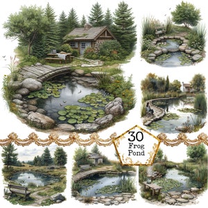JPEG aquarelle grenouille étang Clipart JPEG paysage Clipart lac Clipart petit chalet Téléchargement instantané papier artisanat indésirable journal Scrapbooking