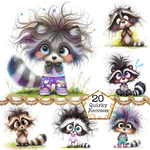 Bundle de cliparts fantaisiste de raton laveur, raton laveur insolite mignon, clipart Woodland Téléchargement instantané Artisanat en papier Journal indésirable Scrapbooking