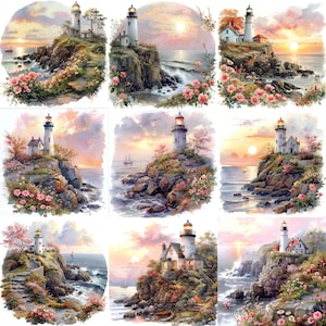 May include: Watercolor paintings of lighthouses on rocky cliffs at sunset. Each image features a white lighthouse with a red top, surrounded by pink flowers and lush greenery. The ocean and sky are painted in warm tones.