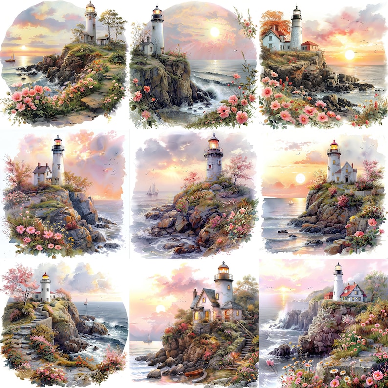 May include: Watercolor paintings of lighthouses on rocky cliffs at sunset. Each image features a white lighthouse with a red top, surrounded by pink flowers and lush greenery. The ocean and sky are painted in warm tones.